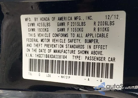 2013 Honda Accord Ex-L from USA, damaged, VIN 1HGCT1B8XDA008184